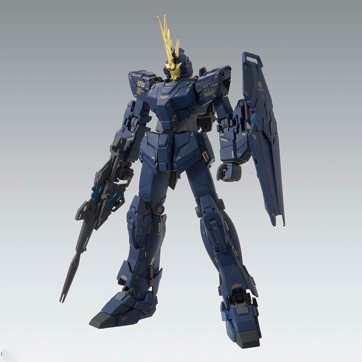 MG Unicorn Gundam Banshee Ver. Ka assembled model kit in Unicorn mode front view