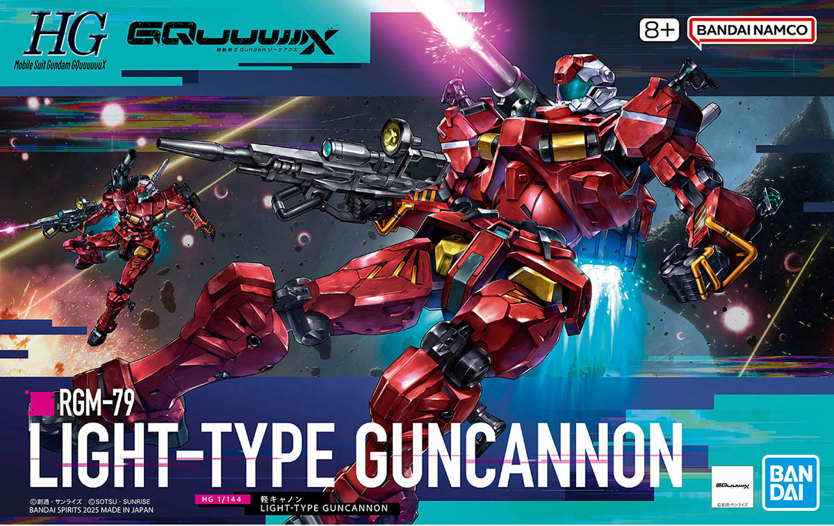 Model kit packaging of Light-Type Guncannon with Bandai and HG Equipped branding.