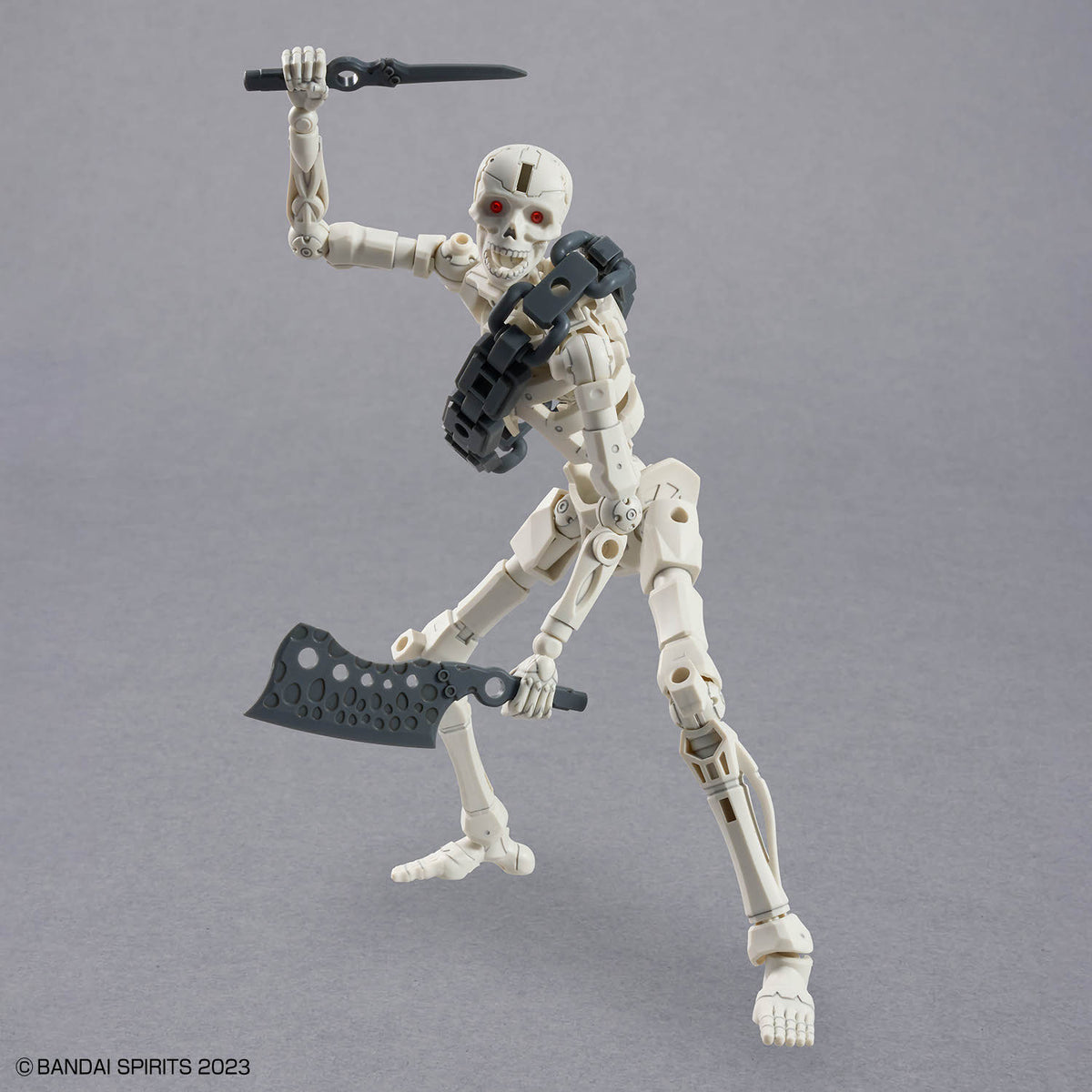 Assembled 30MF DLROskeleton model kit posed with its weapons and accessories