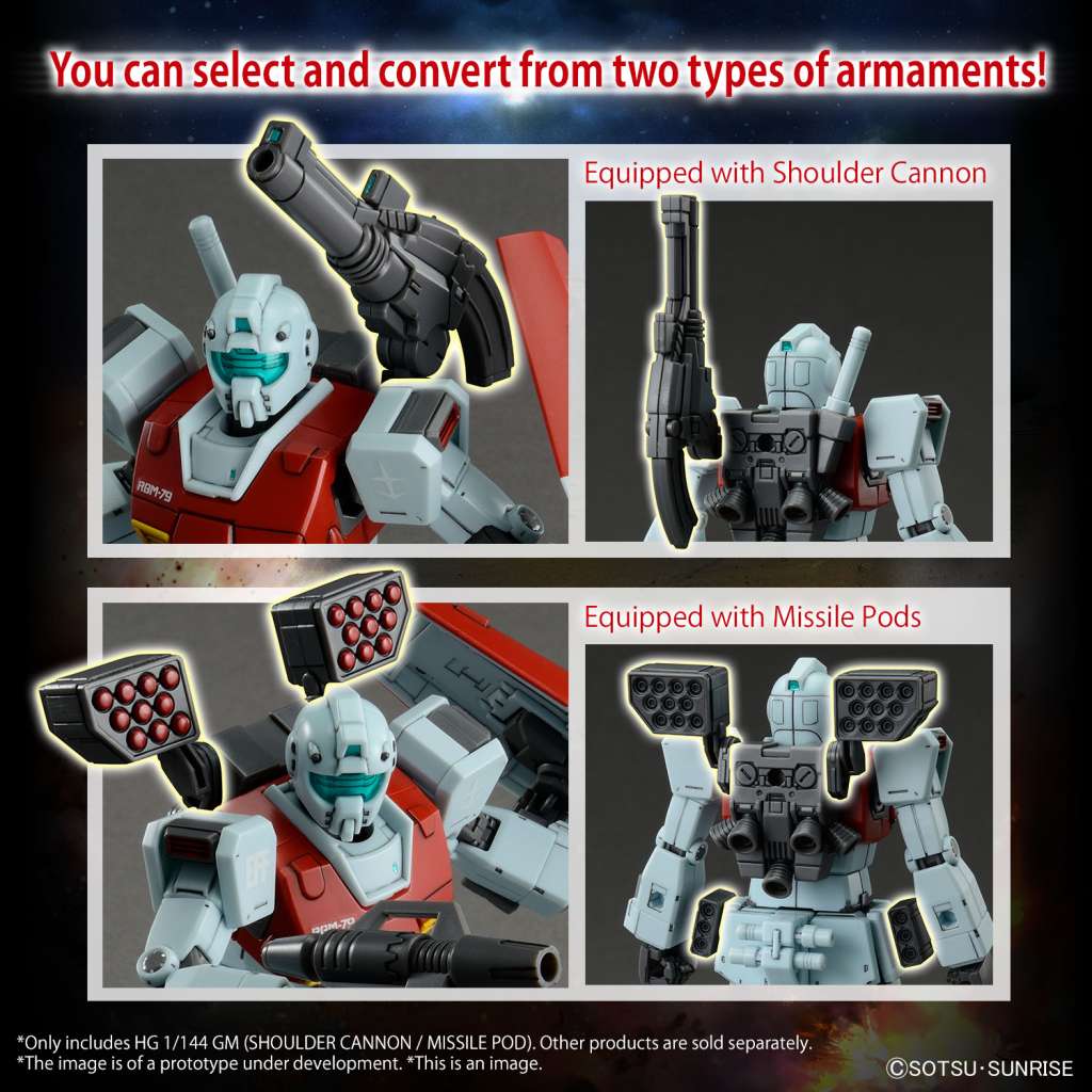 HG GM (Shoulder Cannon/ Missle Pod) Gundam Model Kit showcasing the two forms