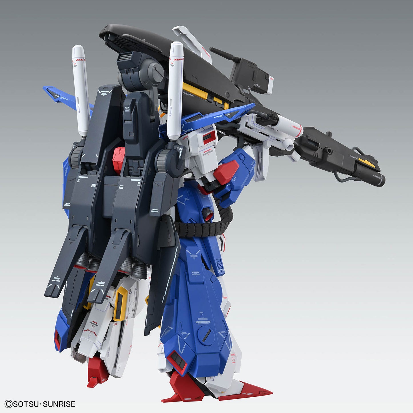 Assembled MG FA ZZ Gundam Ver Ka model kit wit armor rear view