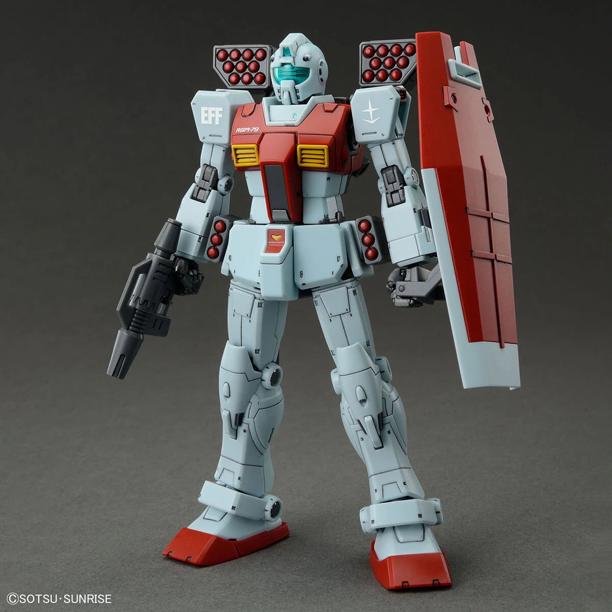 HG GM (Shoulder Cannon/ Missle Pod) Gundam Model Kit front view with missile pods