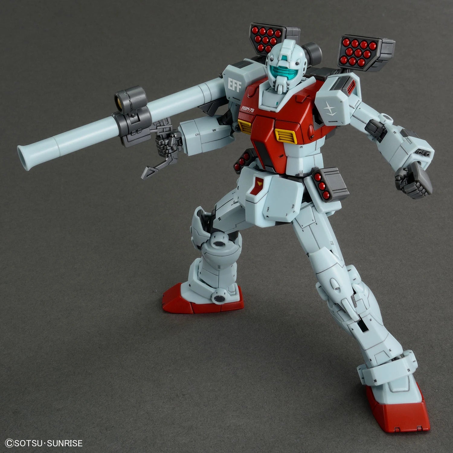 HG GM (Shoulder Cannon/ Missle Pod) Gundam Model Kit action pose with bazooka