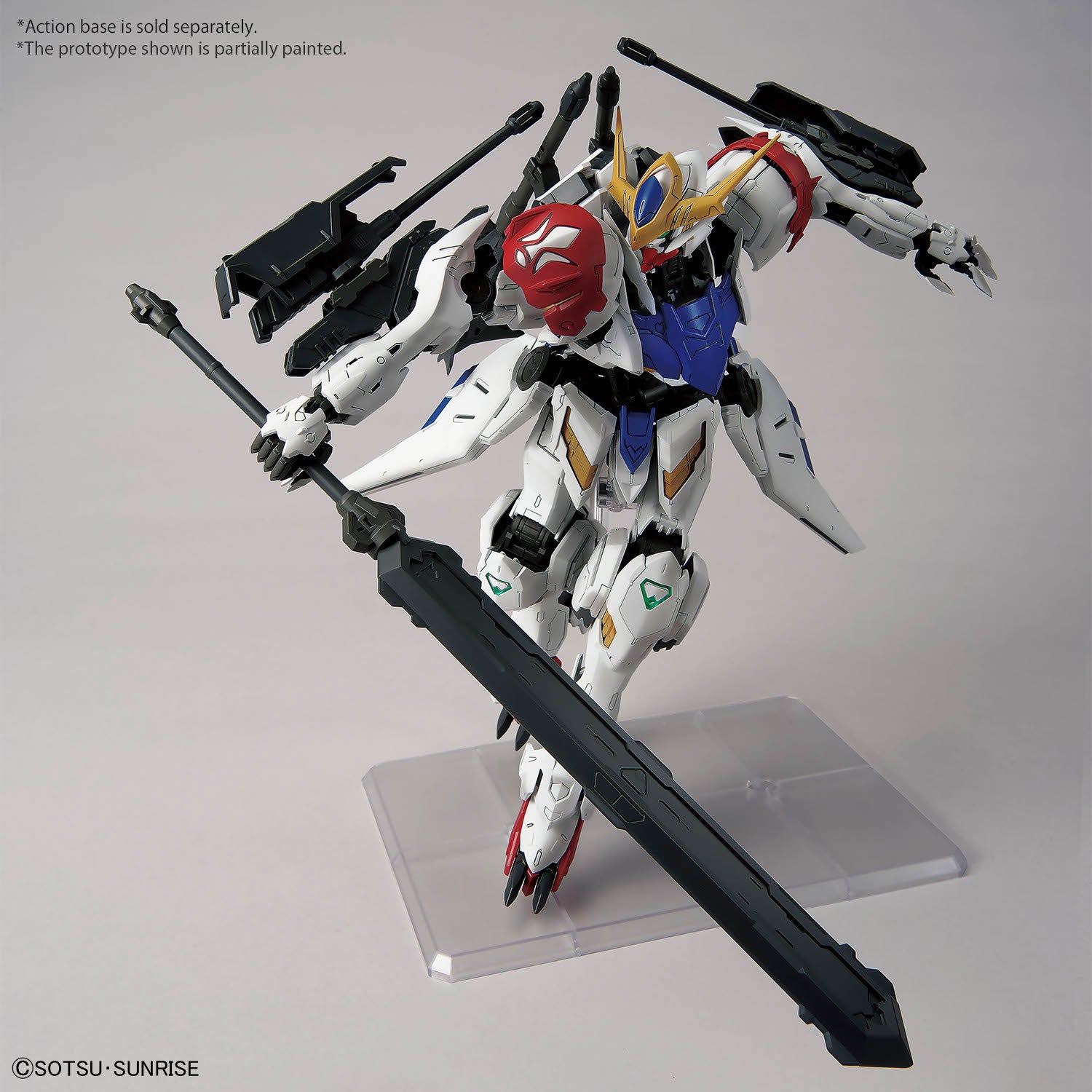 MG Gundam Barbatos Lupus assembled model kit in a dynamic pose with its sword mace