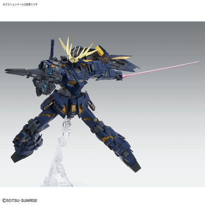 MG Unicorn Gundam Banshee Ver. Ka assembled model kit in Destroy mode posed with the Beam Magnum and beam saber