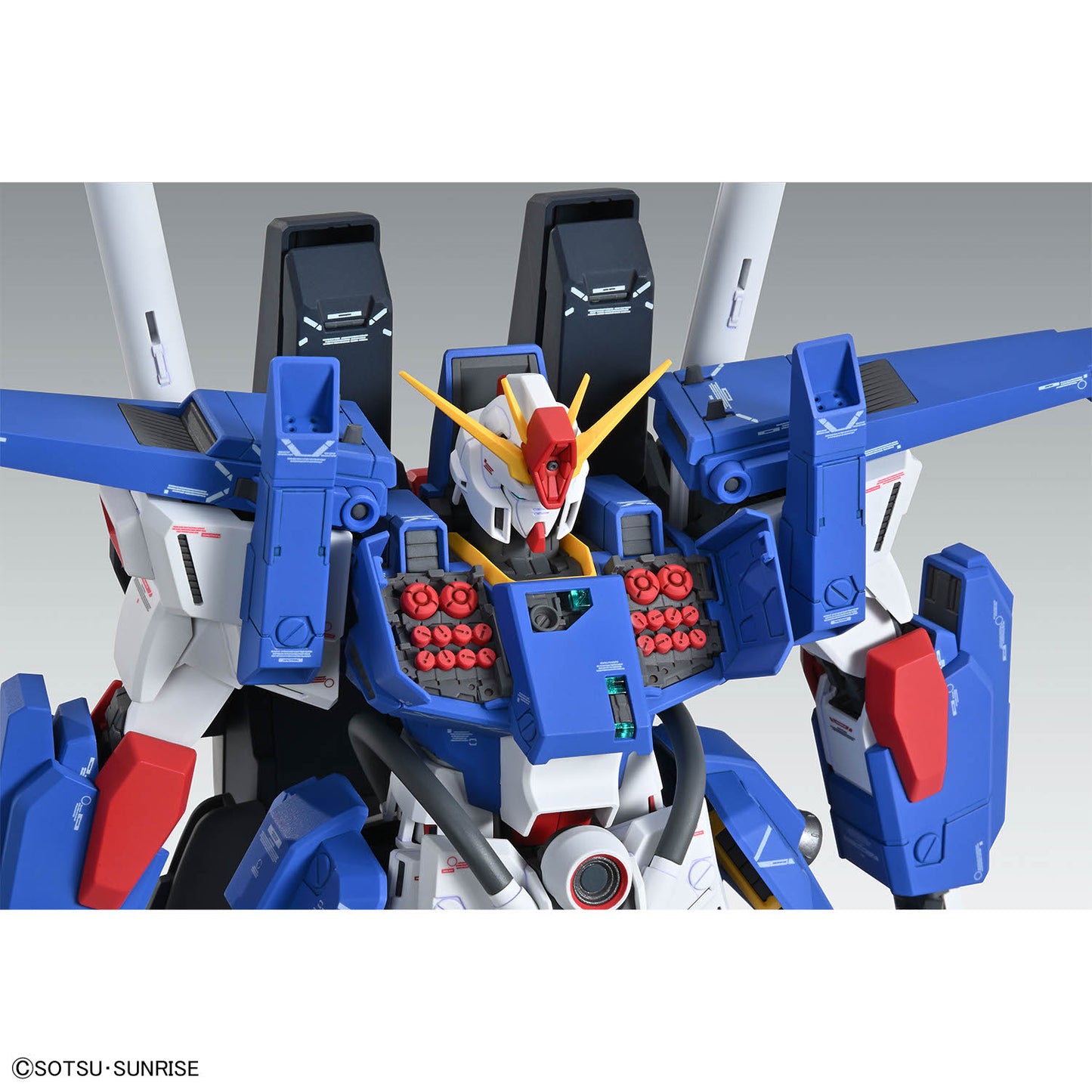 Assembled MG FA ZZ Gundam Ver Ka model kit close up of chest missile launcher hatches open