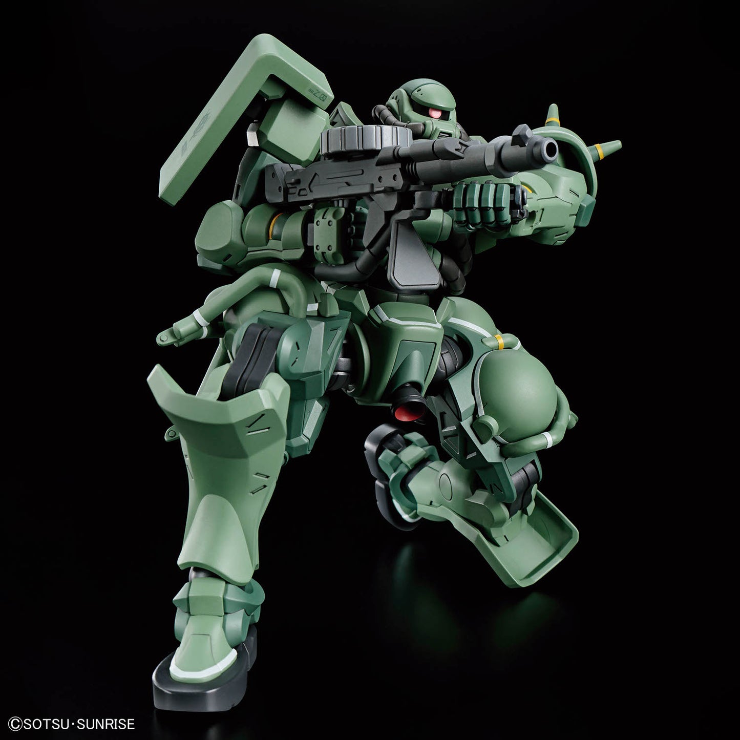 HG Zaku GQ assembled model kit in a crouched shooting pose