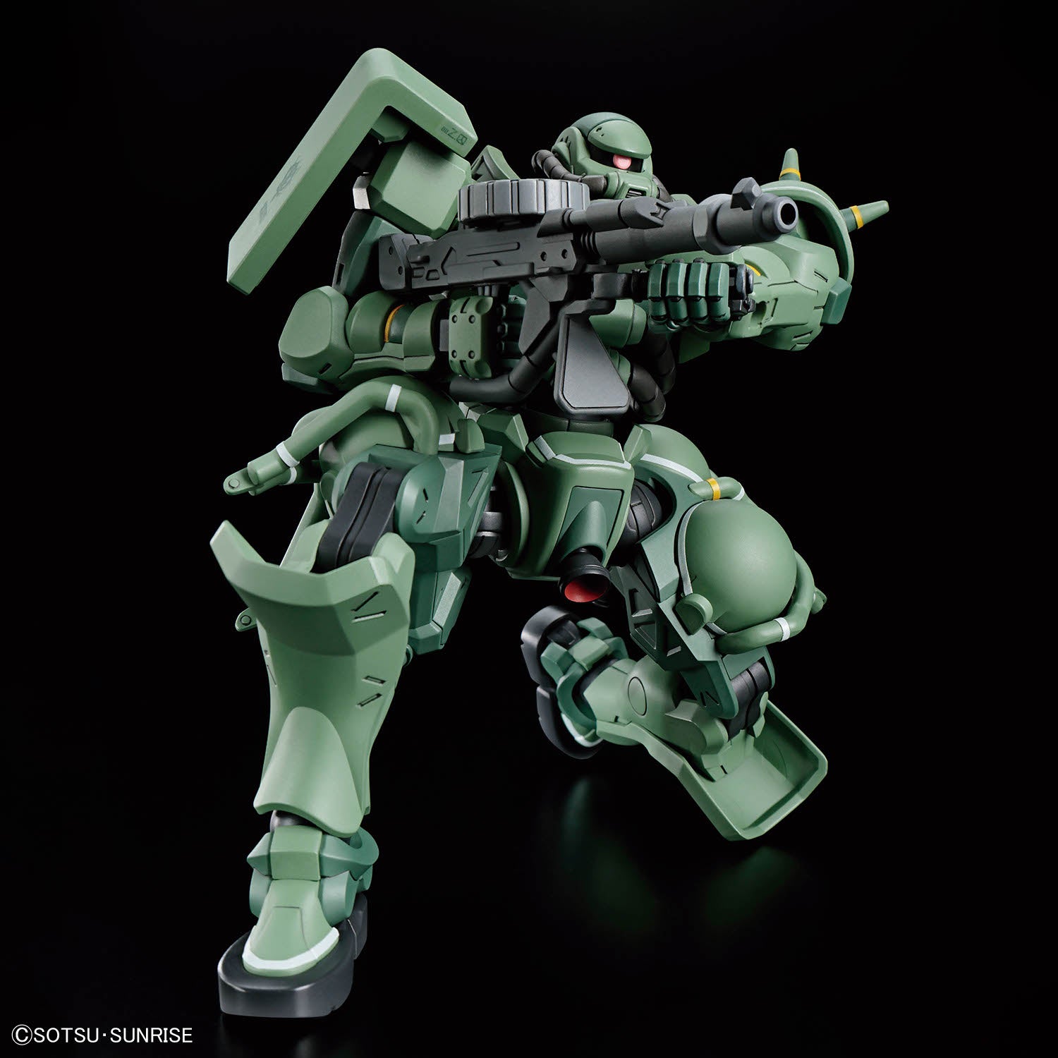 HG Zaku GQ assembled model kit in a crouched shooting pose
