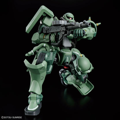 HG Zaku GQ assembled model kit in a crouched shooting pose