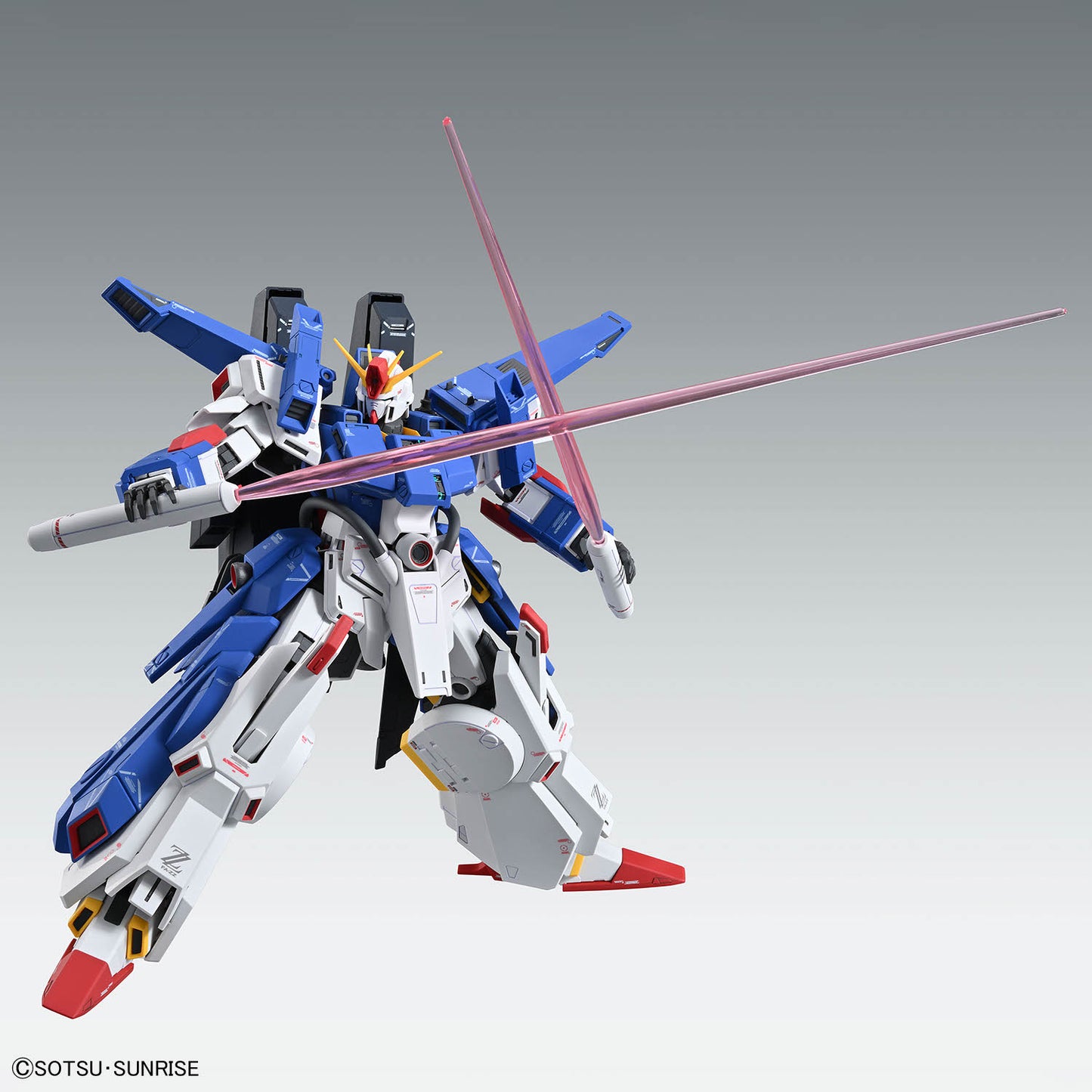 Assembled MG FA ZZ Gundam Ver Ka model kit with beam sabers drawn