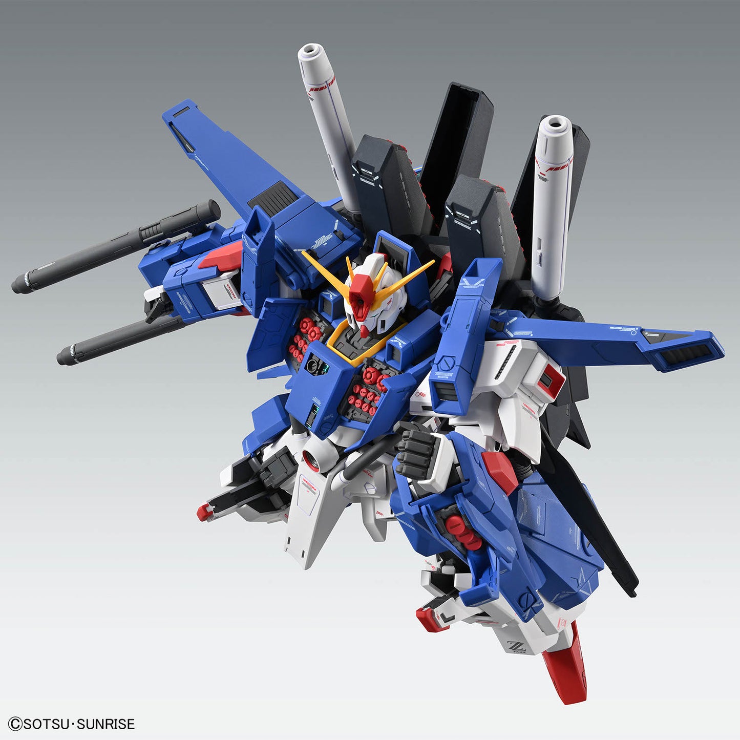 Assembled MG FA ZZ Gundam Ver Ka model kit with missile hatches open