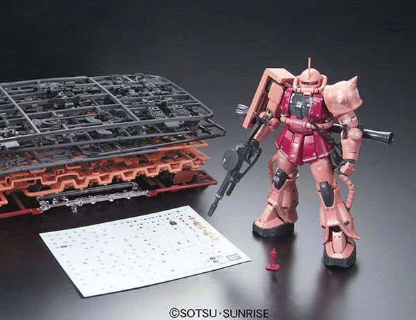 RG Char's Zaku Gundam model kit side by side with runners