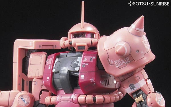 RG Char's Zaku Gundam model kit close up of decals and amour details