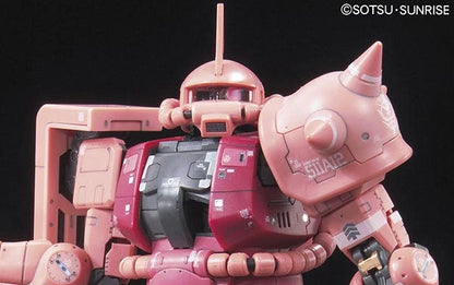 RG Char's Zaku Gundam model kit close up of decals and amour details