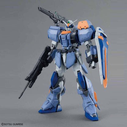 Assembled MG Duel Gundam Assault Shroud model kit with Assault Shroud equipped front view