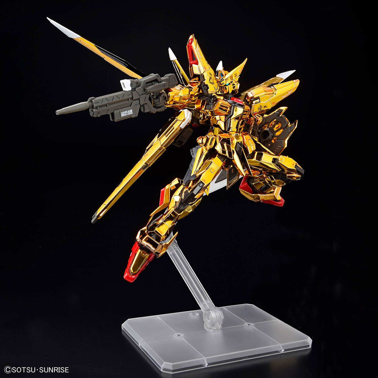 RG Akatsuki Gundam assembled model kit in an aerial pose
