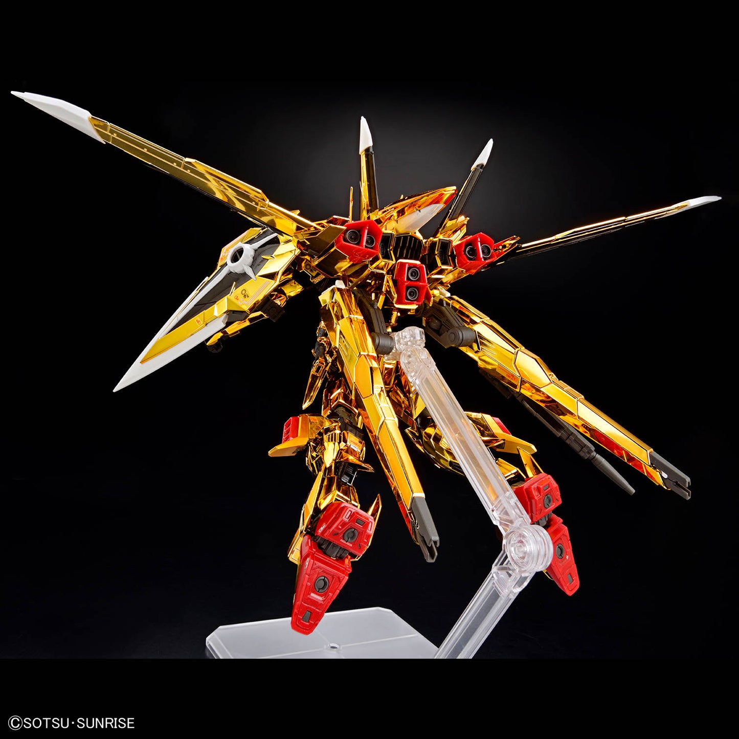 RG Akatsuki Gundam assembled model kit rear view of an aerial pose