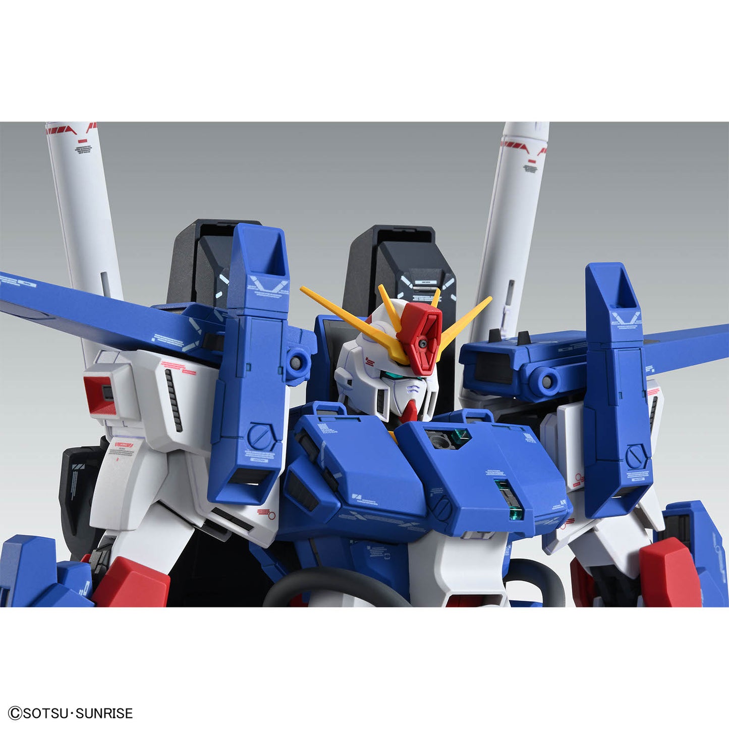 Assembled MG FA ZZ Gundam Ver Ka model kit close up of head and marking decals