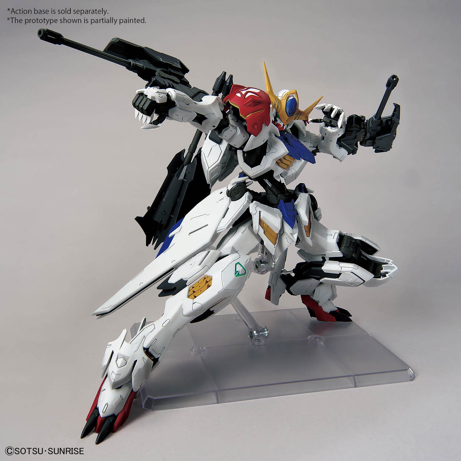 MG Gundam Barbatos Lupus assembled model kit posed with its 200mm arm guns